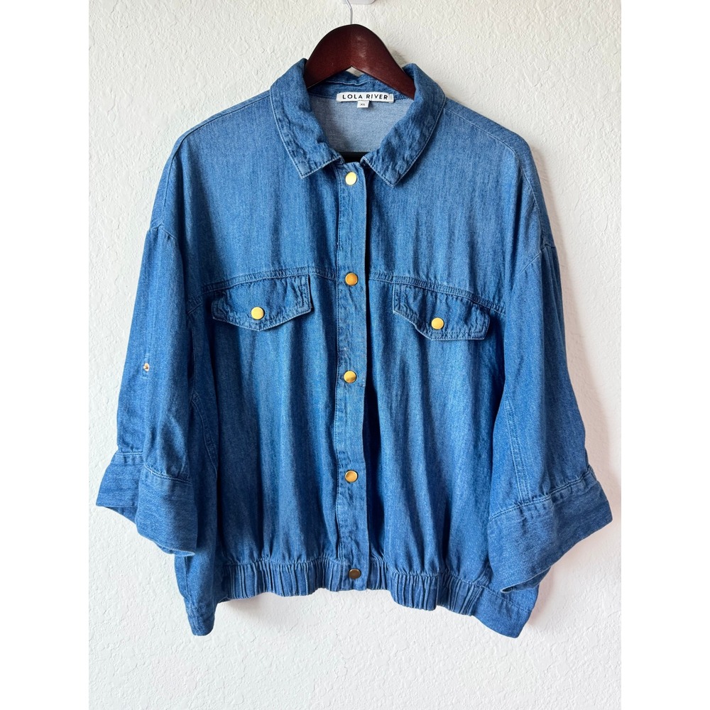 Lola River Womens XL Medium Wash Denim Bomber Jacket Roll Tab Sleeve Cotton